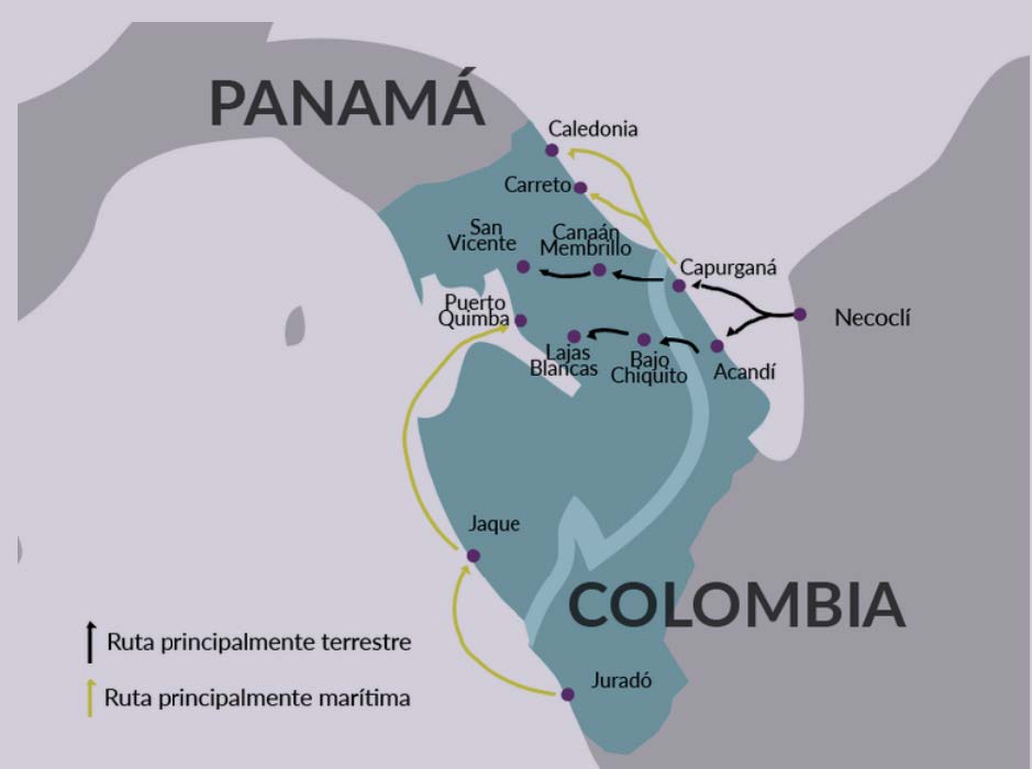 Figura 1. Mapa de las rutas migratorias a través del Tapón del Darién. Fuente: Yates y Pappier (2023), Migration Policy Institute.